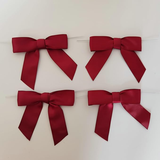 3-1/2" Burgundy Satin Ribbon Bows with Twist Ties Giant Bows for Christmas Holiday Gift Packing&Wrapping (50pcs,Burgundy)