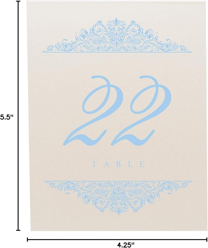 Paisley Wedding Table Numbers (Select Color/Quantity), Champagne, Light Blue, 1-70, Double Sided, Tent or Use in a Stand, Great for Parties & Restaurants - Made in the USA