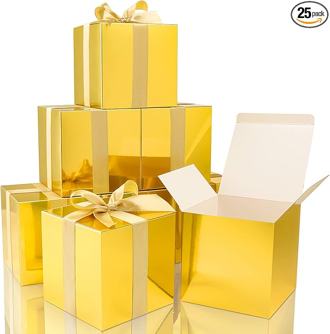 COTOPHER Small Gift Boxes 25 Pack 6x6x6 inches Gold Gift Boxes with Lids for Gifts, Crafting, Wedding Party Favor, Cupcake Boxes, Candy, Bridesmaids Proposal Box with Ribbons and Stickers