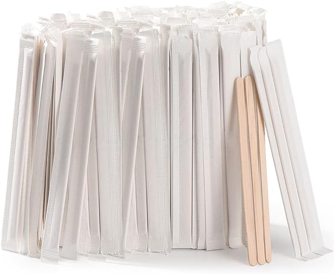 500pcs Individually Wrapped Coffee Stirrers Wood - 7" Coffee Stir Sticks, Round End Disposable coffee stirrer, For Coffee, Cocktail and Hot Drinks