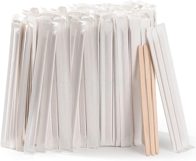 1000pcs Individually Wrapped Coffee Stirrers Wood - 5.5" Coffee Stir Sticks, Round End Disposable coffee stirrer, For Coffee, Cocktail and Hot Drinks