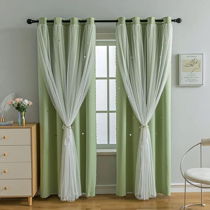 FANLI 2 Panels Star Blackout Curtains for Kid Girls Bedroom Living Room Darking Stripe Double Layer Star Cut Out Wall Home Decor Gradient Grommet Window Curtains (Green 84L)
