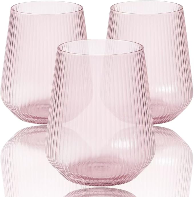 40 count Origami Ripple Unbreakable Stemless Plastic Wine Champagne Whiskey Glasses Elegant Durable Disposable Indoor Outdoor Ideal for Home, Bars, Wedding, Ribbed 12 Ounce Cups (Pink)