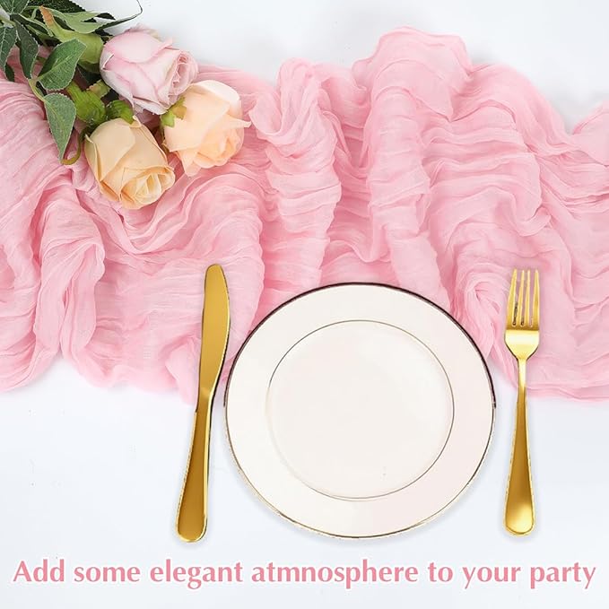 10 Pack Pink Cheesecloth Table Runner -21*120Inch Long Boho Wedding Table Decor, Rustic Gauze Fabric Runner for Bridal Showers, Baby Showers & Parties (Sheer, Lightweight, Wrinkled Design)