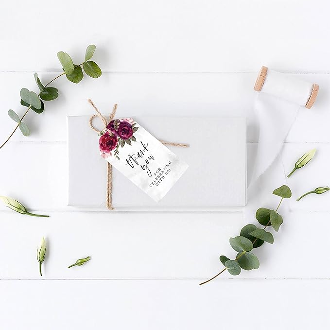 Andaz Press 100-Pack Thank You for Celebrating with Us Favor Tags Burgundy Florals Cardstock Gift Tags with Bakers Twine for Wedding Baby Shower Bridal Shower Birthday Party Favors 2 x 3.75-Inches