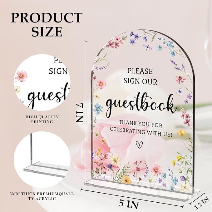 Wedding Sign Decor, Photo Guest Book Sign, 5x7 Inch Arch Acrylic, Wedding Sign for Reception & Event, Bridal Shower Decorations, Wedding Table Sign Accessories for Anniversary And Party (Flower)