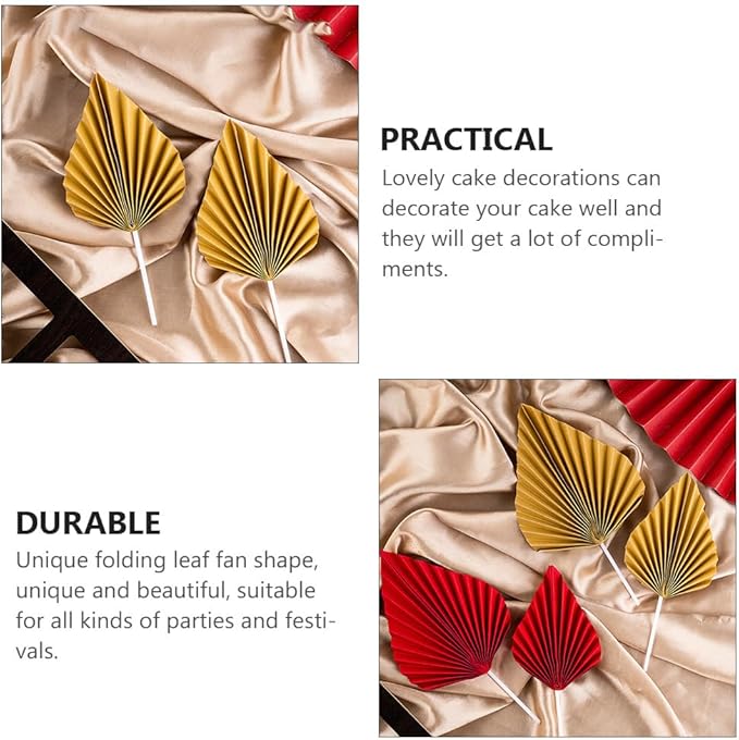 16pcs Golden Tree Leaf Folding Fan Cake Toppers - Elegant Boho Cake Decorations for Birthday Party, Wedding, and Anniversary - 4.33 * 1.96 * 0.39inch