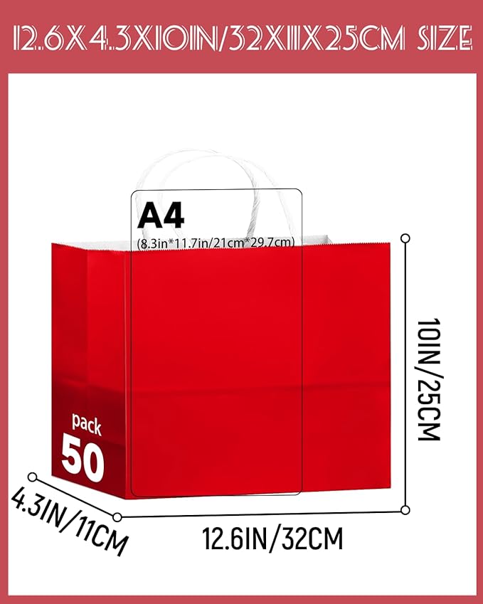 qiqee 50-Packs Red Paper Gift Bags with Handles Bulk 12.6"x4.3"x10" Wide Large Size Party Favor Bags Multiple Uses