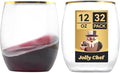 JOLLY CHEF 32 Pack 12oz Gold Plastic Wine Glasses Stemless, Disposable Wine Cupsty, Disposable Plastic Wine Cups for Party, Halloween, Christmas
