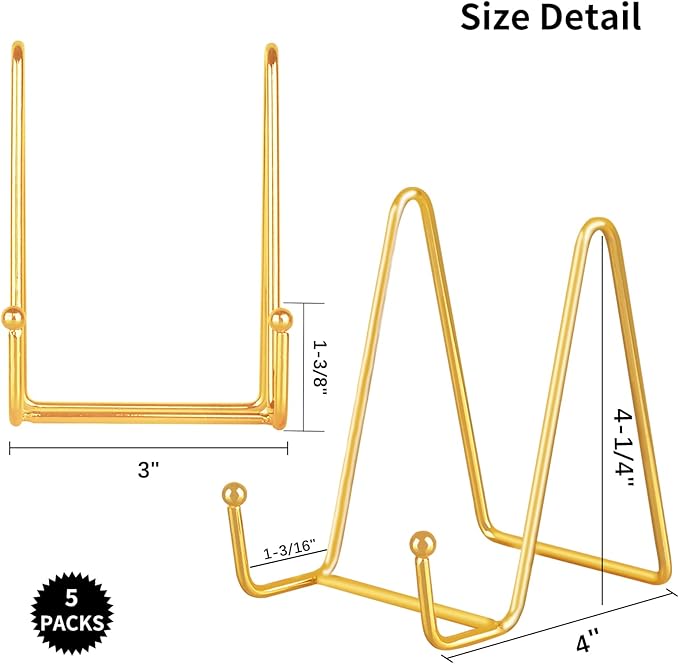 IBosins 5 Pack 4 Inch Plate Holder Display Stands, Metal Gold Frame Stand for Picture, Book, Photo Easel, Creation, Collectibles