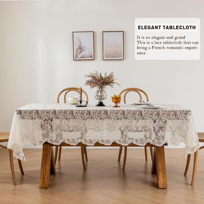 Lace Embroidered Tablecloth. Square Lace Vintage Tablecloth Dustproof Table Protector for Kitchen Dining Room Party Banquet Home Picnic Wedding Decoration (Creamy White 35.5×53 inch)