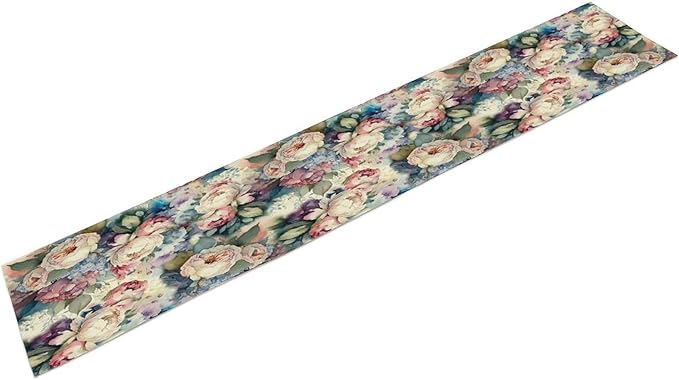 Vintage Floral Table Runner,Girls Women Rose Romantic Leaf Botanical Watercolor Pattern Print Burlap for Hotel Indoors Outdoor Dining Room Kitchen Holiday Party, 13x90in