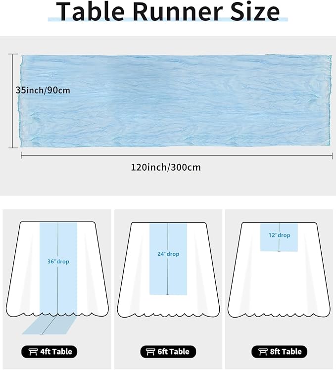 Blue Cheesecloth Table Runner 120 Inch, Light Blue Boho Gauze 10 FT, Rustic Cheese Cloth Table Runner for Wedding, Baby Bridal Shower, Birthday, Party, Holiday Decor Home Decorations