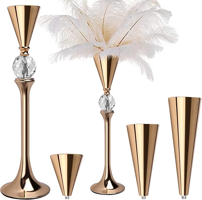 VIJIV Gold Flower Vase for Centerpiece Table Decorations Wedding Reception Decor, 21.3 Inch Tall Metal Vase for Feather Flower Holder Stand Floral Arrangement Gatsby Party Dinner Event Hotel