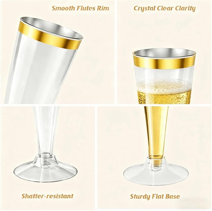 20 Pack Champagne Flutes Plastic Wine Glasses Disposable, 4.5 Oz Gold Rim Mimosa Glasses for 2025 Engagement Wedding Birthday New Years Eve Xmas Party Supplies, Bulk Toasting Cocktail Cups