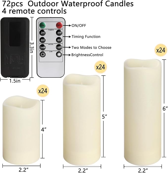 Set of 72 Waterproof Outdoor Flameless Candles, LED Candles with 4 Remote and Timer,(H 4" 5" 6" x D 2.2"),for Halloween Wedding Festiv