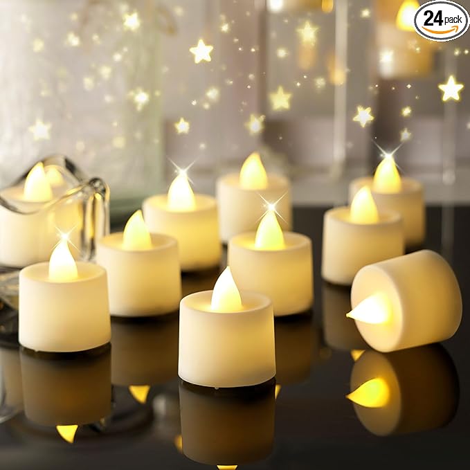 Amagic 24 Pack LED Tea Lights, Flameless Votive Candles, Lasting Electric Fake Small Candles, Battery Operated Tealights Candles for Halloween, Christmas, Home Decor, Wedding, Party, Festival(Ivory)
