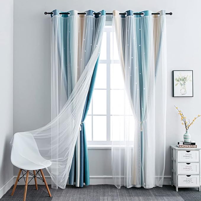 FANLI Ombre Rainbow Blackout Curtains for Kid Girls Bedroom Living Room Darking Stripe Double Layer Star Cut Out Wall Home Decor Gradient Grommet Window Curtains (Blue/Yellow, 52W x 95L)