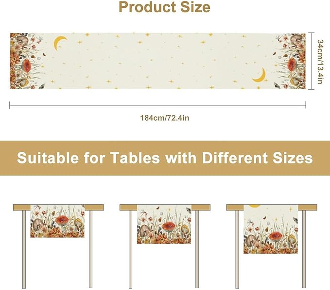 Mushroom Kitchen Table Runner, Gothic Moon Star Plants Witchy Moonlit Flower Butterfly Table Runner for Kitchen Dinner Living Room Drapes, 13x36 Inch White