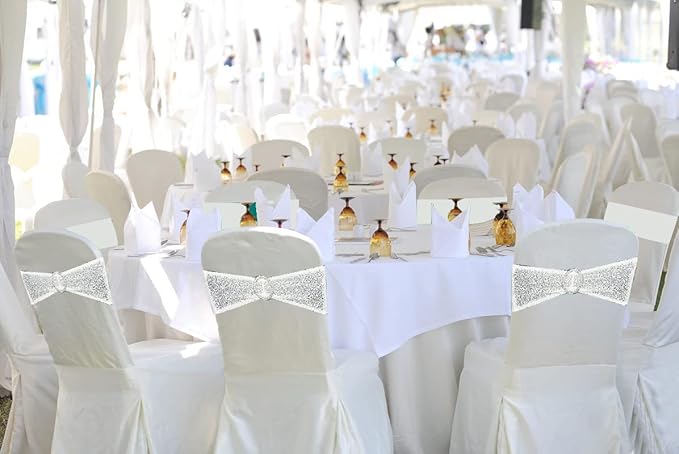 25 Pcs Sequin Chair Sashes Stretch Chair Bands Spandex Polyester Bows for Party Hotel Wedding Banquets Decoration - White