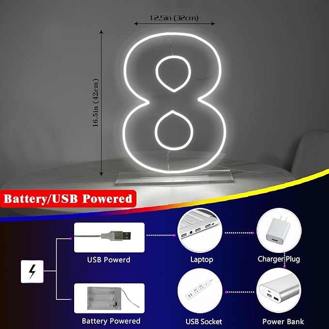 Number 8 Neon Sign for Birthday, 1.38ft Cool White USB Battery Powered Led Neon Sign for Party Wedding Anniversary Decor Light Sign (Number 8)