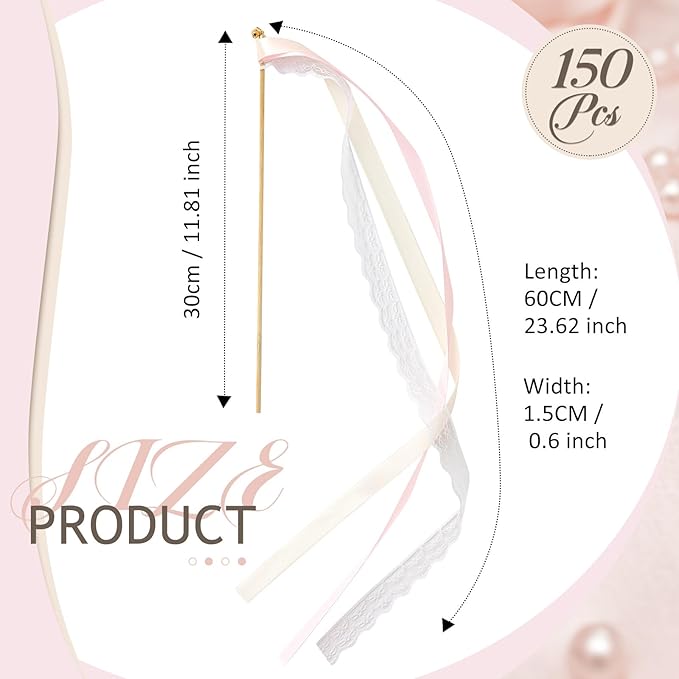 Taiyin 150 Pcs Lace Ribbon Stick Wands Wedding Wand Streamers with Bell Silk Ribbon Fairy Wand Wedding Send Off Streamer for Baby Shower Holiday Party Favors (Pink,Beige)