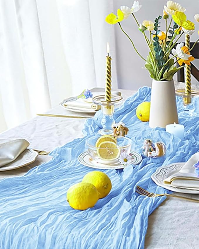 3 Pack Baby Blue Table Runner Boho Gauze Cheesecloth Table Runner 120 Inches Long Light Blue Cheese Cloth Runner for Wedding Bridal Baby Shower Birthday Party Easter Decor