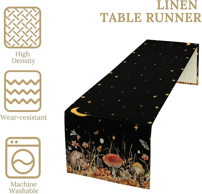 Mushroom Kitchen Table Runner, Gothic Moon Star Plants Witchy Moonlit Flower Butterfly Table Runner for Kitchen Party Living Room Drapes, 13x108 Inch Black