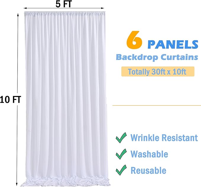 30ftx10ft Wrinkle Free White Backdrop Curtains for Party Background, 6 Panels 5x10ft Silky Polyester Photo Backdrop Drapes Back Drop Cloth for Wedding Birthday Photography Baby Shower Decor