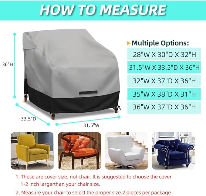 Patio Swivel Chair Cover Waterproof 2 Pack, 600D Heavy Duty Outdoor Furniture Covers for Universal Lawn/Deck/Garden/Backyard Fits up 31.5" W*33.5" D*36" H, Gray/Black