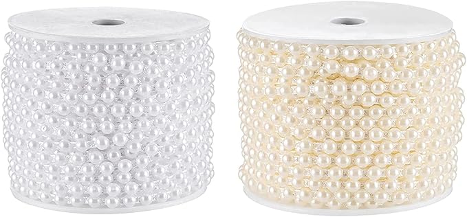 Flat Pearl Garland String 27 Yards, 6MM Half-Round Beaded Spool Roll Crafts for Wedding Decoration (Ivory)