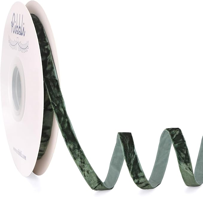 Ribbli Forest Green Velvet Ribbon 3/8 Inches Luxury Crinkled Green Christmas Ribbon for Gift Wrapping Crafts Home Decor-Continuous 10 Yard