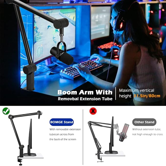BOMGE Boom Arm Mic Stand - Adjustable Heavy Duty Suspension Boom Scissor Arm Stand with Cable Management Channels, Desk Clamp for Podcasts, Streaming, Gaming, Home Office, Recording (Black)