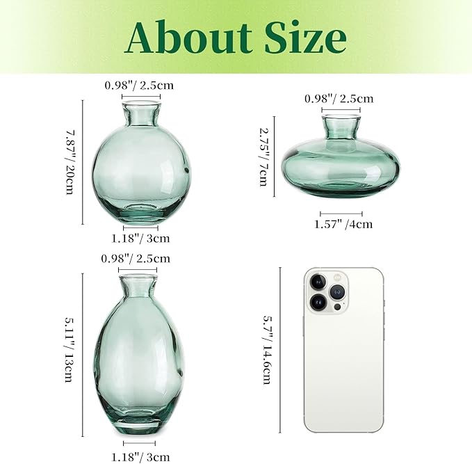 Glass Bud Vases Set of 12, Hewory Cute Green Small Vases Handmade, Mini Glass Flower Vase for Floral Arrangement, Tiny Centerpiece for Home Office Wedding Party Events Table Decor (Not Include Flower)