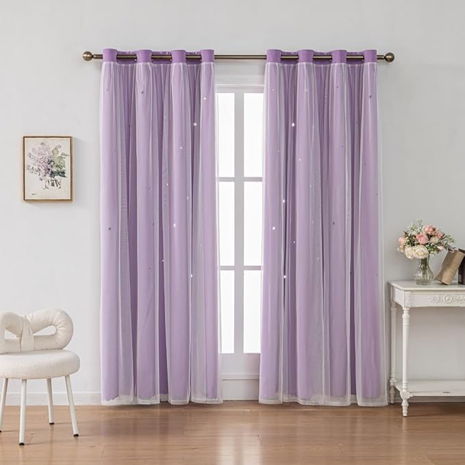 Ombre Rainbow Blackout Curtains for Kid Girls Bedroom Living Room Darking Stripe Double Layer Star Cut Out Wall Home Decor Gradient Grommet Window Curtains (Purple 72L)