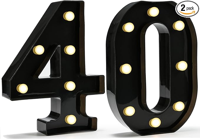 Pooqla Decorative Led Light Up Number Letters, Black Plastic Marquee Number Lights Sign for 40th Birthday Party Wedding Decor Battery Operated Black Number 40