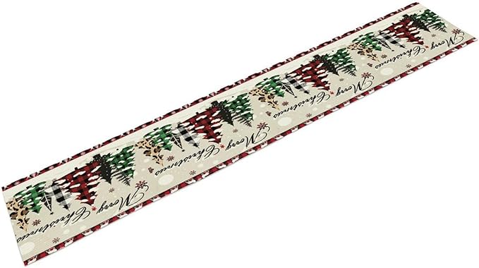 Christmas Tree Table Runner,Farmhouse Xmas Trees Buffalo Plaid Winter Snowflake Tablecloth Burlap for Hotel Indoors Outdoor Dining Room Kitchen Home Decor,W13X L36 in