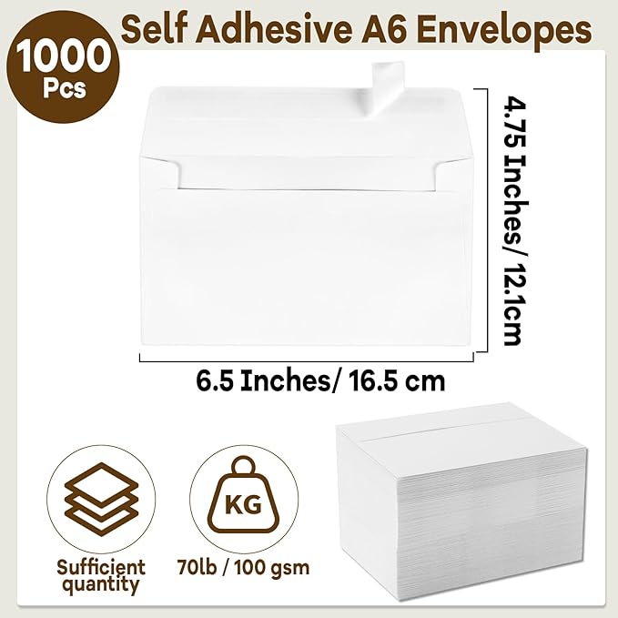 gisgfim 1000 Pcs A6 Envelopes 4.75x6.5 Inches Self Adhesive Invitation Envelopes for 4x6 Cards Printable Mailing Mailers Bulk for Wedding Baby Shower Postcard Photo Thank Notes Greeting Card