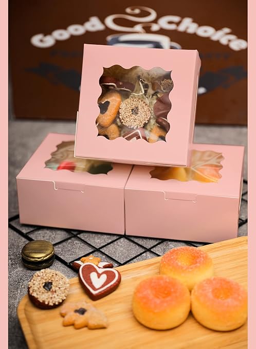 Bakepacker 100pcs Pink Bakery Boxes with Window 6x6x3 inches Thick & Sturdy Macaroon Pastry Boxes Cookie Boxes for Bakerys