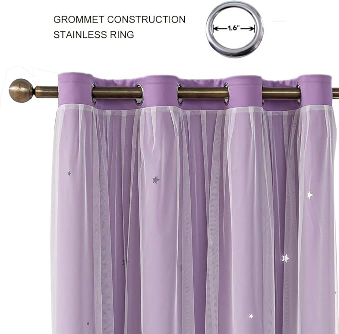 Ombre Rainbow Blackout Curtains for Kid Girls Bedroom Living Room Darking Stripe Double Layer Star Cut Out Wall Home Decor Gradient Grommet Window Curtains (Purple 84L)