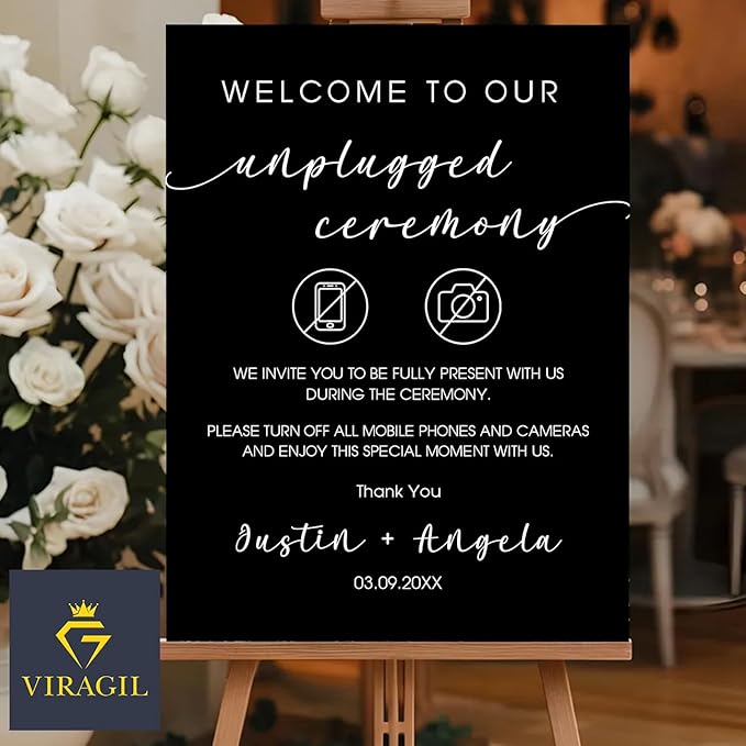 Wedding Unplugged Ceremony Yard Sign – No Phones or Cameras Icon – Outdoor Sign Personalized – Acrylic or Corrugated