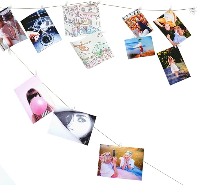 100pcs Photo Clips Mini Clothespins for Photo Wall Hanging Dorm Decor Picture Polaroid Kids Artworks Display with 98ft Twine String & Mini Wall Mount Non-Mark Hooks