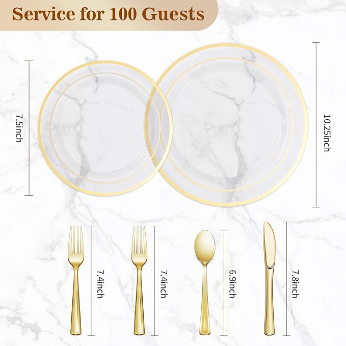 600PCS Clear Gold Plastic Plate Set (100 Guests), Plastic Plates for Party Wedding Birthday, Disposable Dinnerware Set of 200 Plates, 200 Forks, 100 Spoons, 100 Knives for Christmas