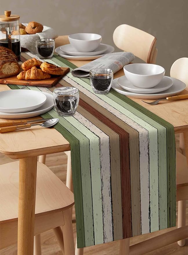 Sage Green Wooden Cotton Linen Table Runner for Dining Kitchen, Wedding Outdoor Party Tablerunners Decoration, Vintage Country Retro Distressed Grain Dresser Scarf Coffee Tablecloth Runners 13''x60''