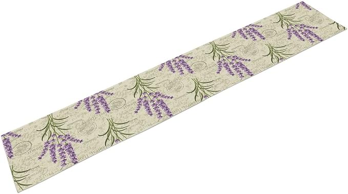 Floral Lavender Table Runner,Vintage Rustic Country Romantic Purple Flower Pattern Print Burlap for Hotel Indoors Outdoor Dining Room Kitchen Home Decor, 13x70in