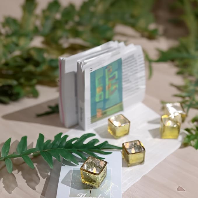 WGV 2 Inch Gold Speckle Square Cube Glass Votive Candle Holder Bulk, Small Tiny Mercury Tea Light 2x2”, 24 Pieces