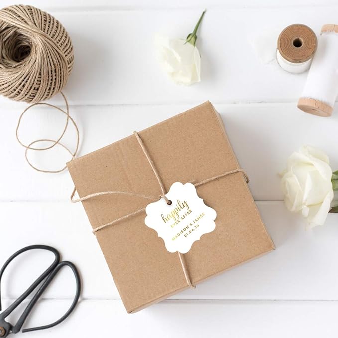 Andaz Press Personalized Fancy Frame Square Wedding Gift Tags, Metallic Gold Ink, Happily Ever After, 24-Pack, Custom Made Any Name