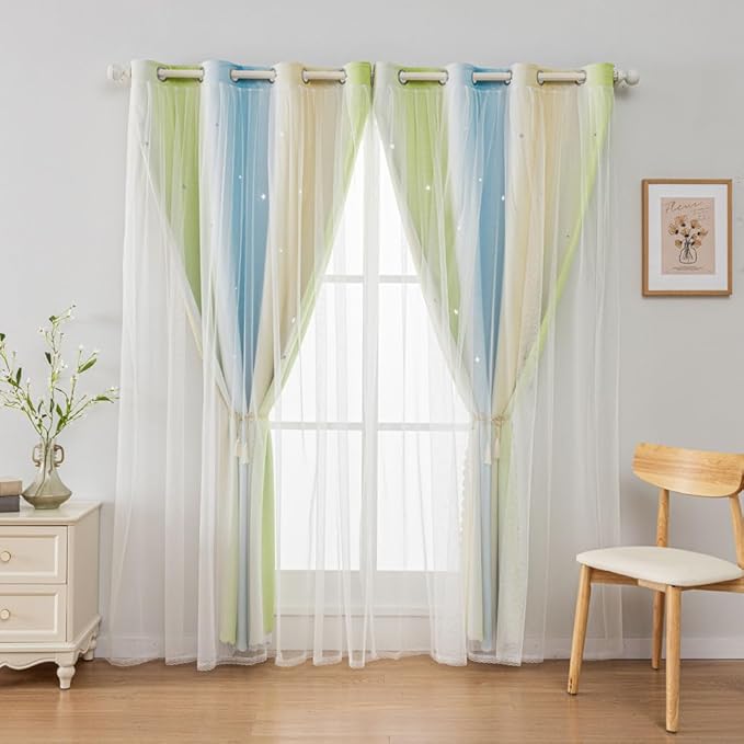 FANLI Ombre Rainbow Blackout Curtains for Kid Girls Bedroom Living Room Darking Stripe Double Layer Star Cut Out Wall Home Decor Gradient Grommet Window Curtains （Blue Green 52Wx72L）
