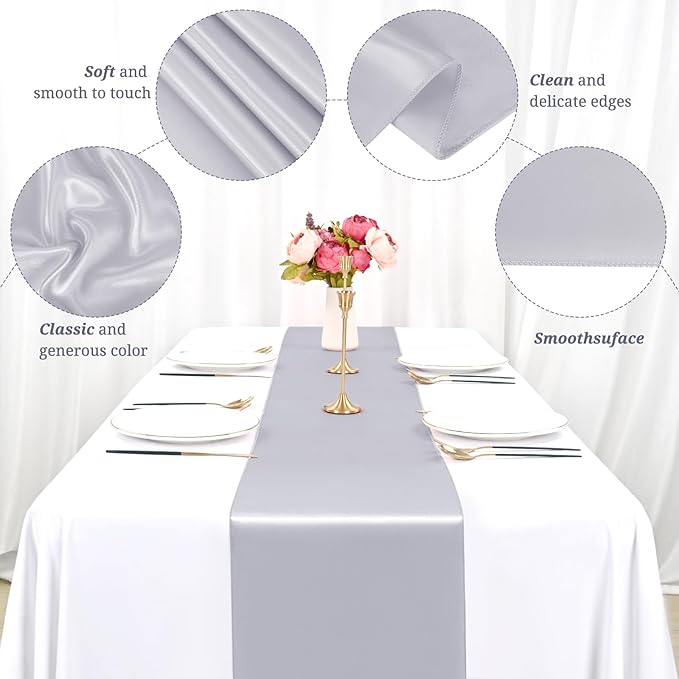 12 Pack Silver Satin Table Runner,12 x 108 inch Long Premium Smooth Table Runner for Wedding, Banquets, Birthday, Party, Graduation, Engagements, Table Runners fit Rectangle and Round Table