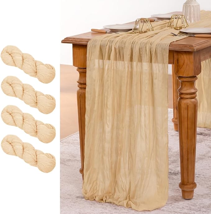 MLMW 4 Pack Champagne Gold Table Runner Cheesecloth Boho Gauze Rustic Cheese Cloth 160 inch Sheer Wedding Table Runner 13.3ft for Thanksgiving Party Baby Bridal Shower Birthday
